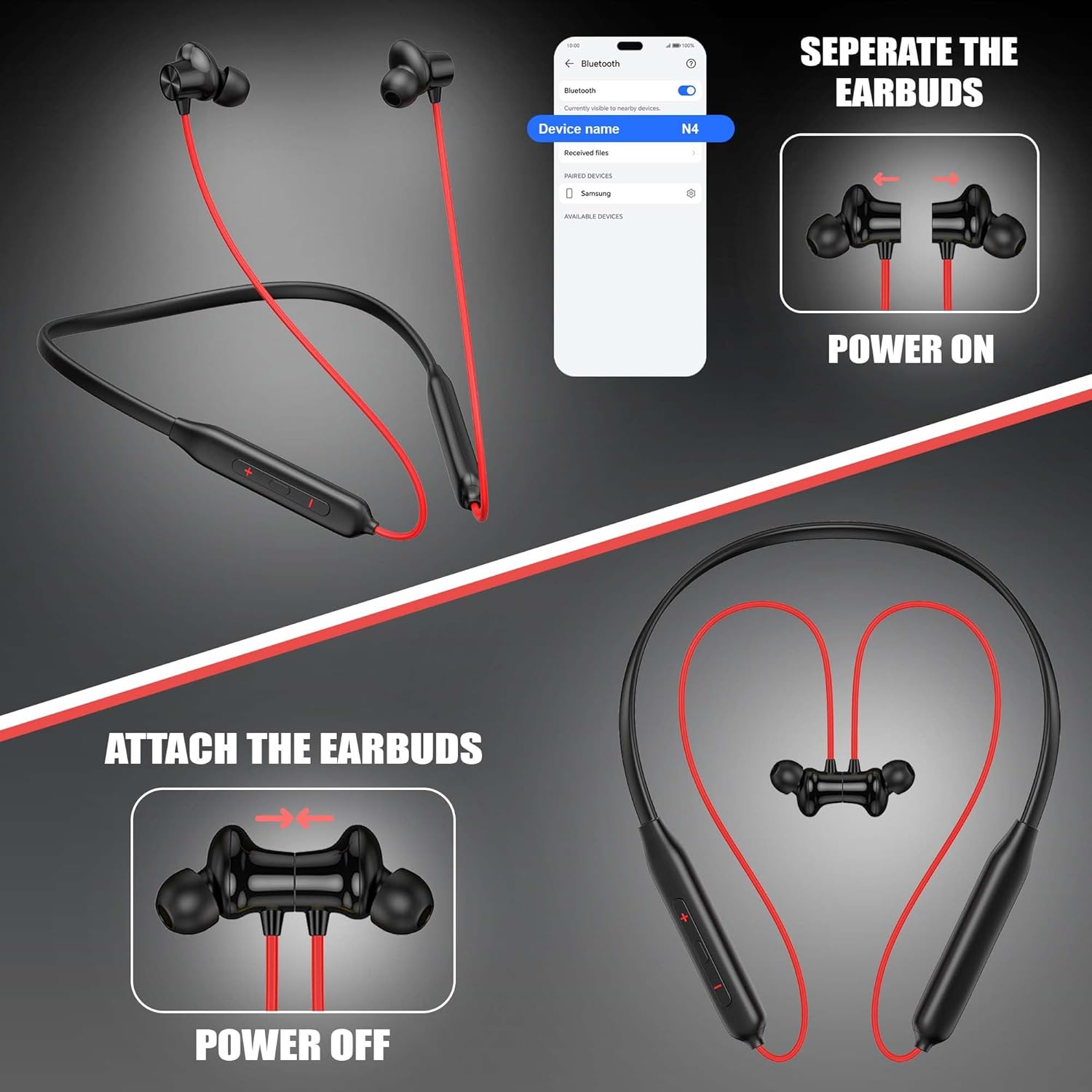 Kratos N4 Bluetooth Neckband with 52H Playtime, Deep Bass, Stereo Sound, HD Calls, Magnetic Earbuds, Type-C Fast Charging, Rich Audio, Hollow Switch for Comfort & Style