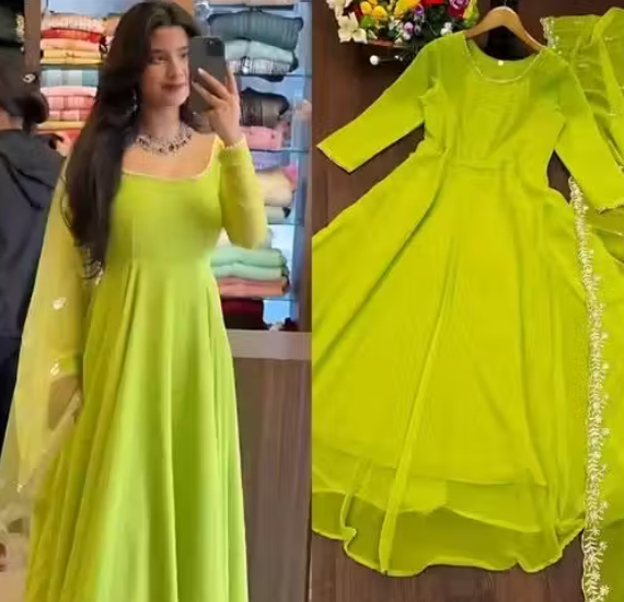 FALAK HEAVY GEORJET DYED GOWN WITH EMBROIDRED WORK DUPATTA