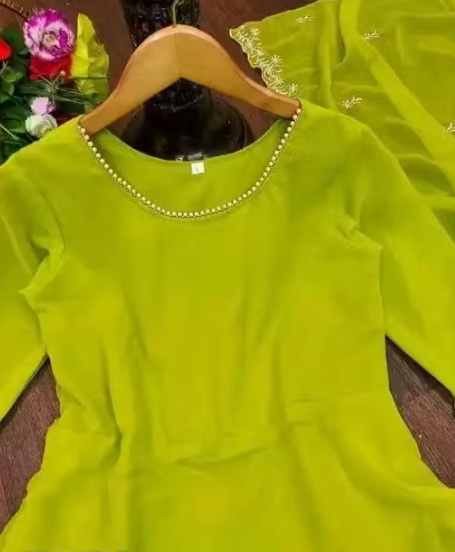 FALAK HEAVY GEORJET DYED GOWN WITH EMBROIDRED WORK DUPATTA