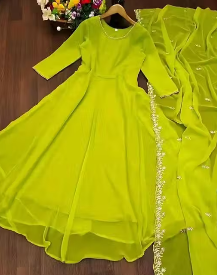 FALAK HEAVY GEORJET DYED GOWN WITH EMBROIDRED WORK DUPATTA