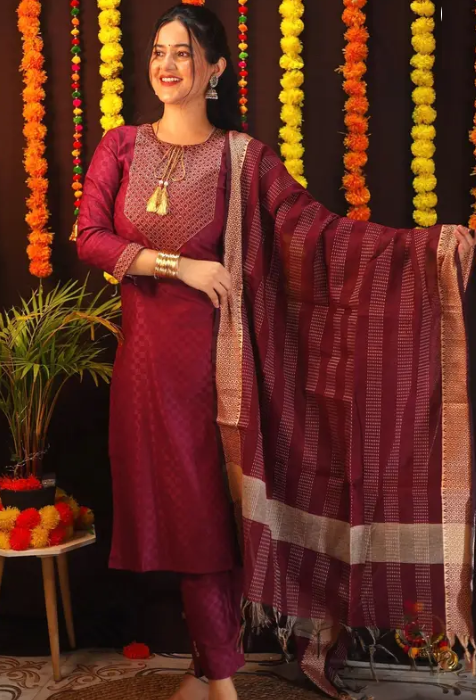 Women Cotton Blend Kurti Pant Dupatta Set