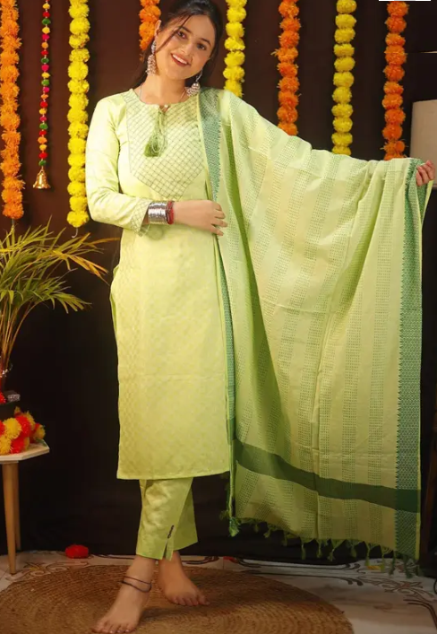 Women Cotton Blend Kurti Pant Dupatta Set