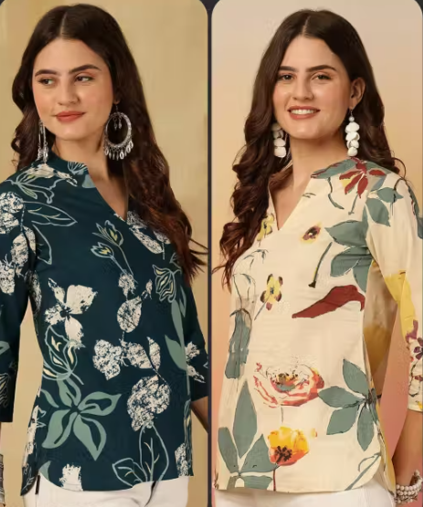 V Neck And Mandarin Collar Top-Tunic-Short Kurti Floral Design For Womens And Girls (Pack of 2)