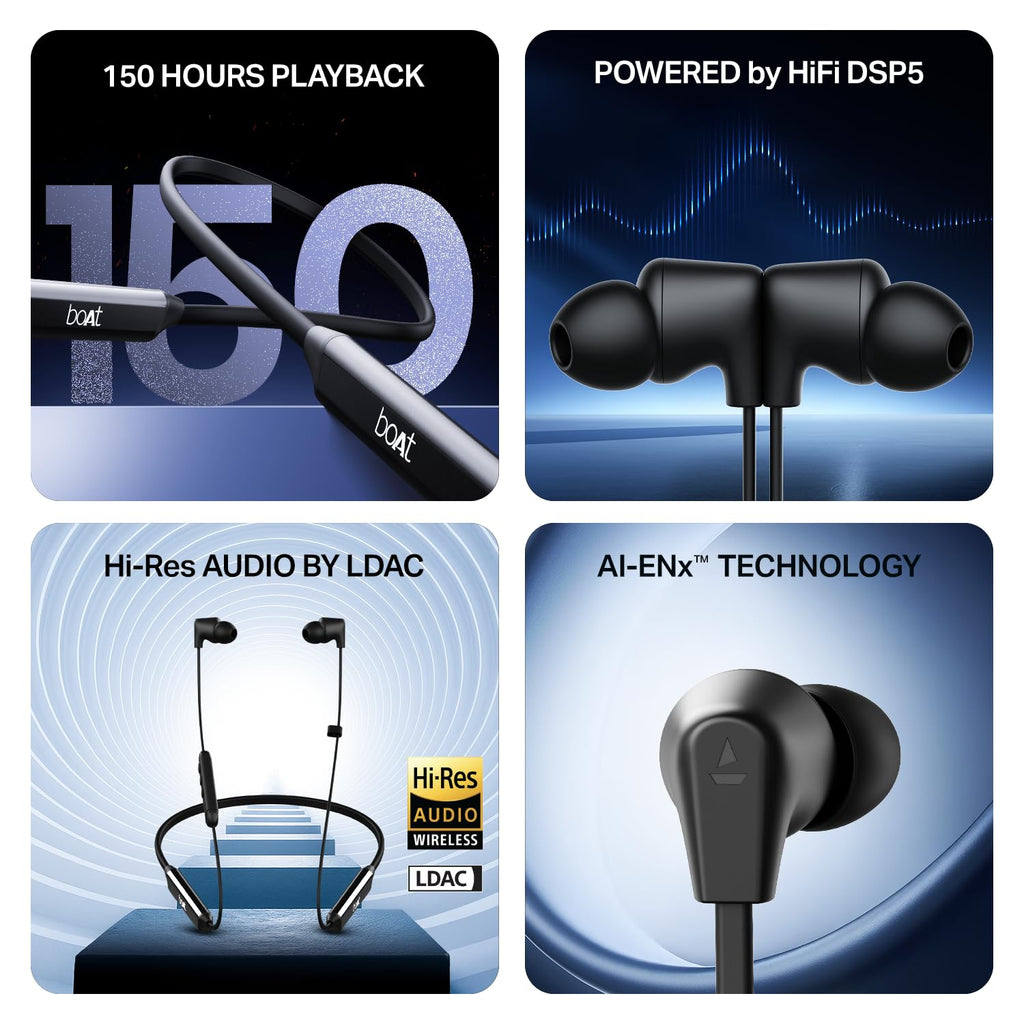 Boat Rockerz Trinity Gen 2, 150hrs Playback, Hi-Res Audio with LDAC, Dual EQs, HiFi DSP 5,ENx Tech, Dual Pair, Beast Mode, ASAP Charge,IPX5, Bluetooth Neckband, Wireless with Mic Earphones (Black)