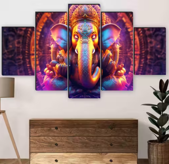 Ganesha Paintings for Wall Decoration - Set Of Five, 3d modern art Painting for Living Room Large Size with Frames for Home Decoration, Hotel, Office 76.2 cm x 45 cm