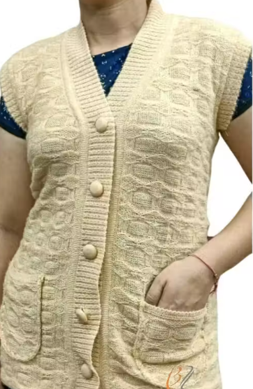 Winterwear Woollen Sleeveless Cardigans Sweaters with Front Pockets ( Cream )