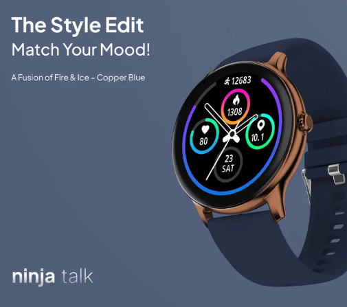 Fire-Boltt Ninja Talk 35.3mm (1.39) Round Bluetooth Calling Metal Body,120 Sports Modes Smartwatch  (Copper Blue Strap, Free Size)