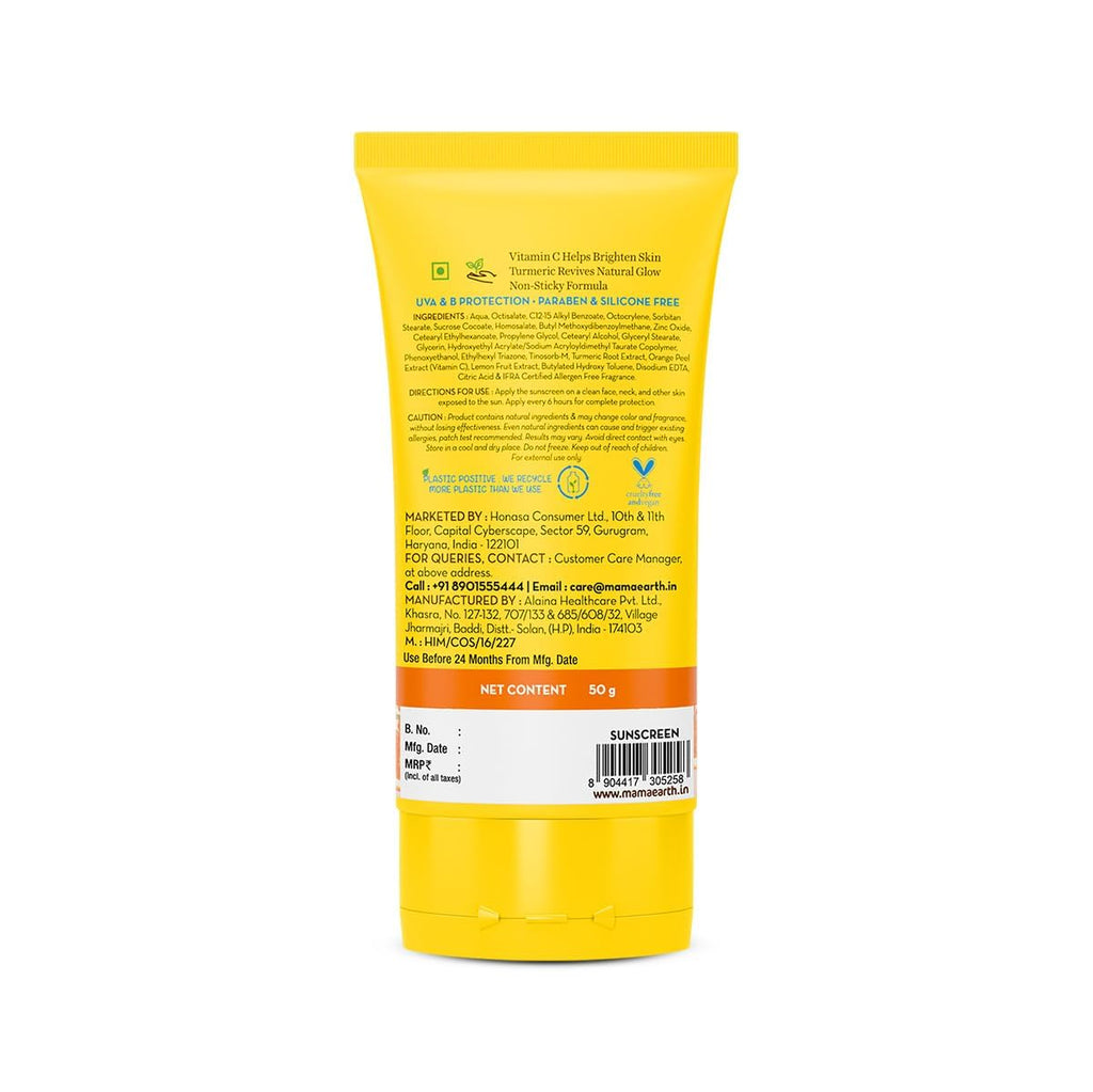 Mamaearth Daily Glow Sunscreen SPF 50 PA+++, No White Cast with Vitamin C & Turmeric for Sun Protection & Glow - 50 g