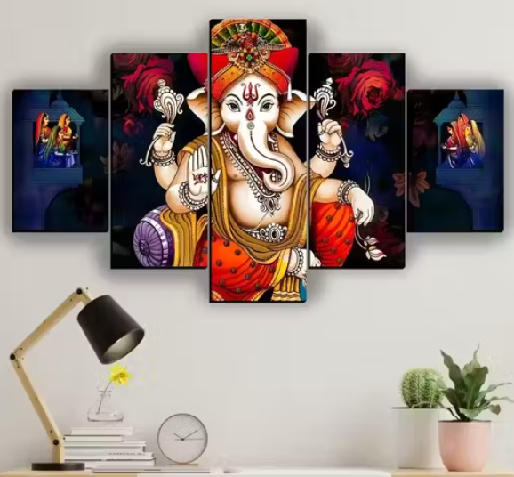 Spiritual Ganesh Home Decor Digital Reprint Painting 30x18 inches (5 Panel Painting)