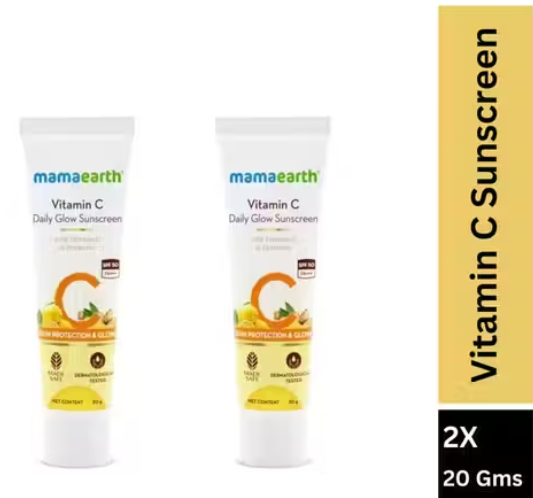 Mamaearth Vitamin C Daily Glow Sunscreen with Vitamin C & Turmeric for Sun Protection & Glow - 20 g - Pack of 2