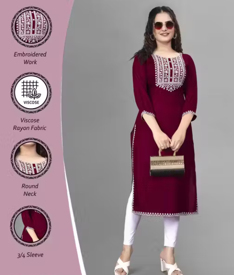 Women Embroidered Rayon A-line Kurta straight kurti,solid kurti, new trandy A-line