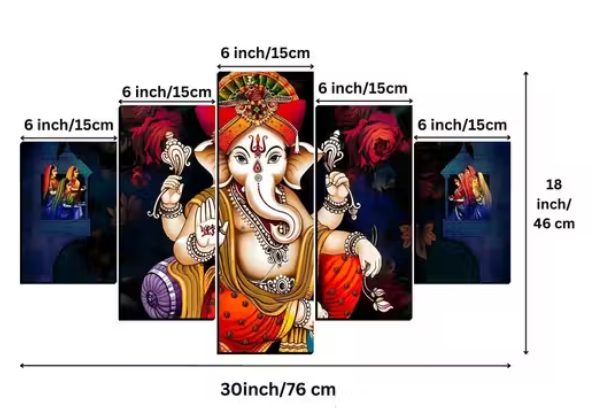 Spiritual Ganesh Home Decor Digital Reprint Painting 30x18 inches (5 Panel Painting)
