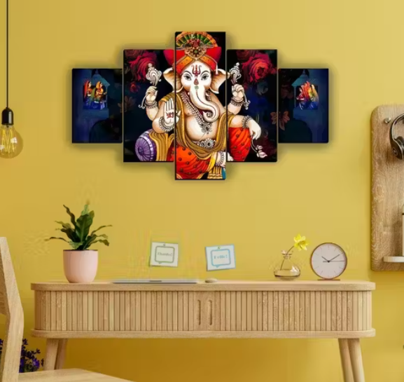 Spiritual Ganesh Home Decor Digital Reprint Painting 30x18 inches (5 Panel Painting)
