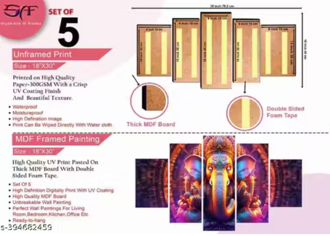 Ganesha Paintings for Wall Decoration - Set Of Five, 3d modern art Painting for Living Room Large Size with Frames for Home Decoration, Hotel, Office 76.2 cm x 45 cm