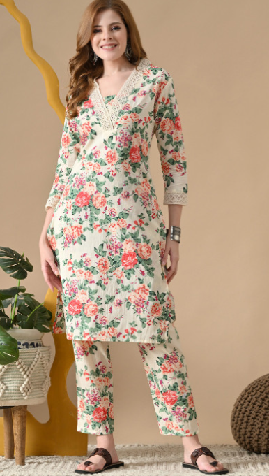 Women Floral Printed Thread Work Pure Cotton Kurta with Pyjamas