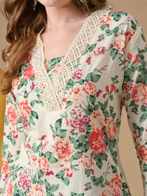 Women Floral Printed Thread Work Pure Cotton Kurta with Pyjamas