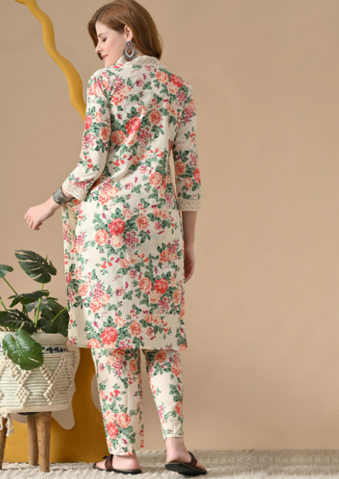 Women Floral Printed Thread Work Pure Cotton Kurta with Pyjamas