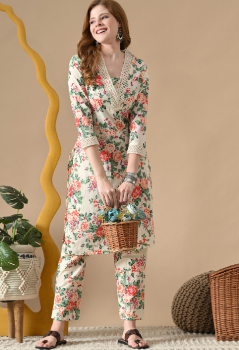 Women Floral Printed Thread Work Pure Cotton Kurta with Pyjamas