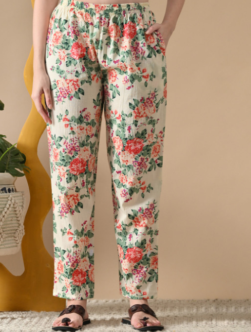 Women Floral Printed Thread Work Pure Cotton Kurta with Pyjamas