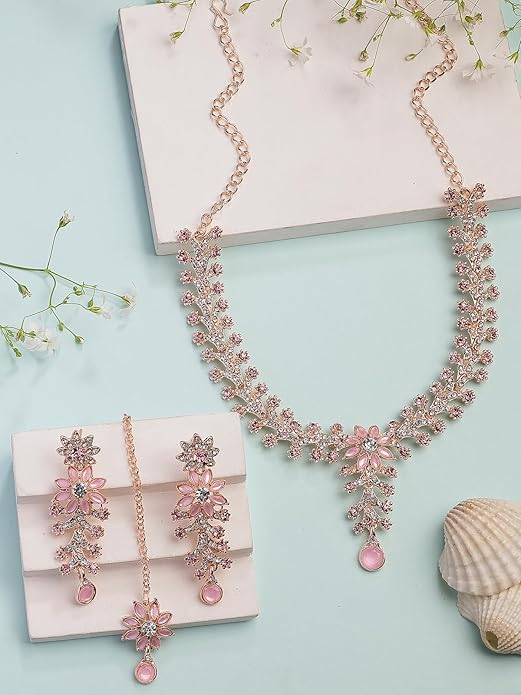 AD Diamonds Studded Floral Choker Necklace with Danlge Earrings Maangtikka Jewellery Set for Women & Girls