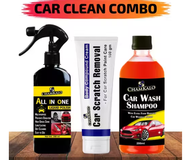 Chamkalo All In One (250ml) + Car Scratch Removal (100g) +Car Wash Shampoo (200ml) Car Polish Spray, Body Compound Scratch Remover ,Spot Cleaning Better Shine Car Wash Combo