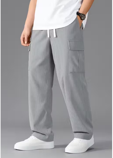 Men's Light Grey Ribbed Cargo Joggers | Relax Fit Stylish Pants with Side Pockets