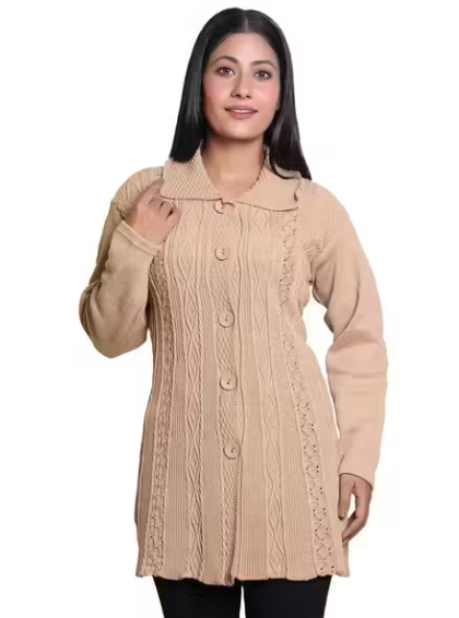 Women Woven Collared Neck BEIGE Sweater