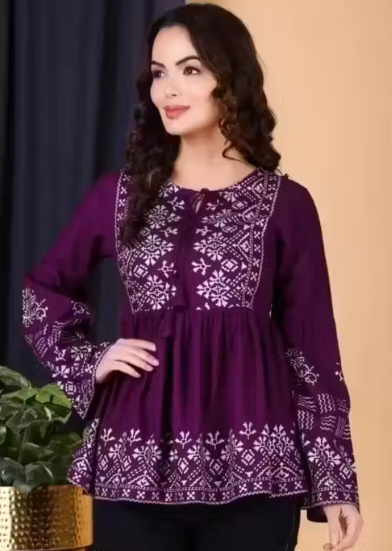 Wine Colour Worked Kurti For Women