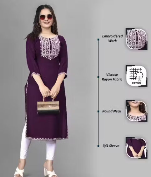 Women Embroidered Rayon A-line Kurta straight kurti,solid kurti, new trandy A-line