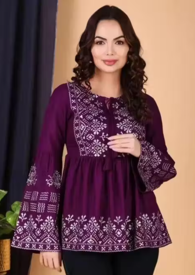 Wine Colour Worked Kurti For Women
