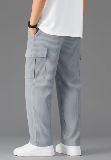 Men's Light Grey Ribbed Cargo Joggers | Relax Fit Stylish Pants with Side Pockets