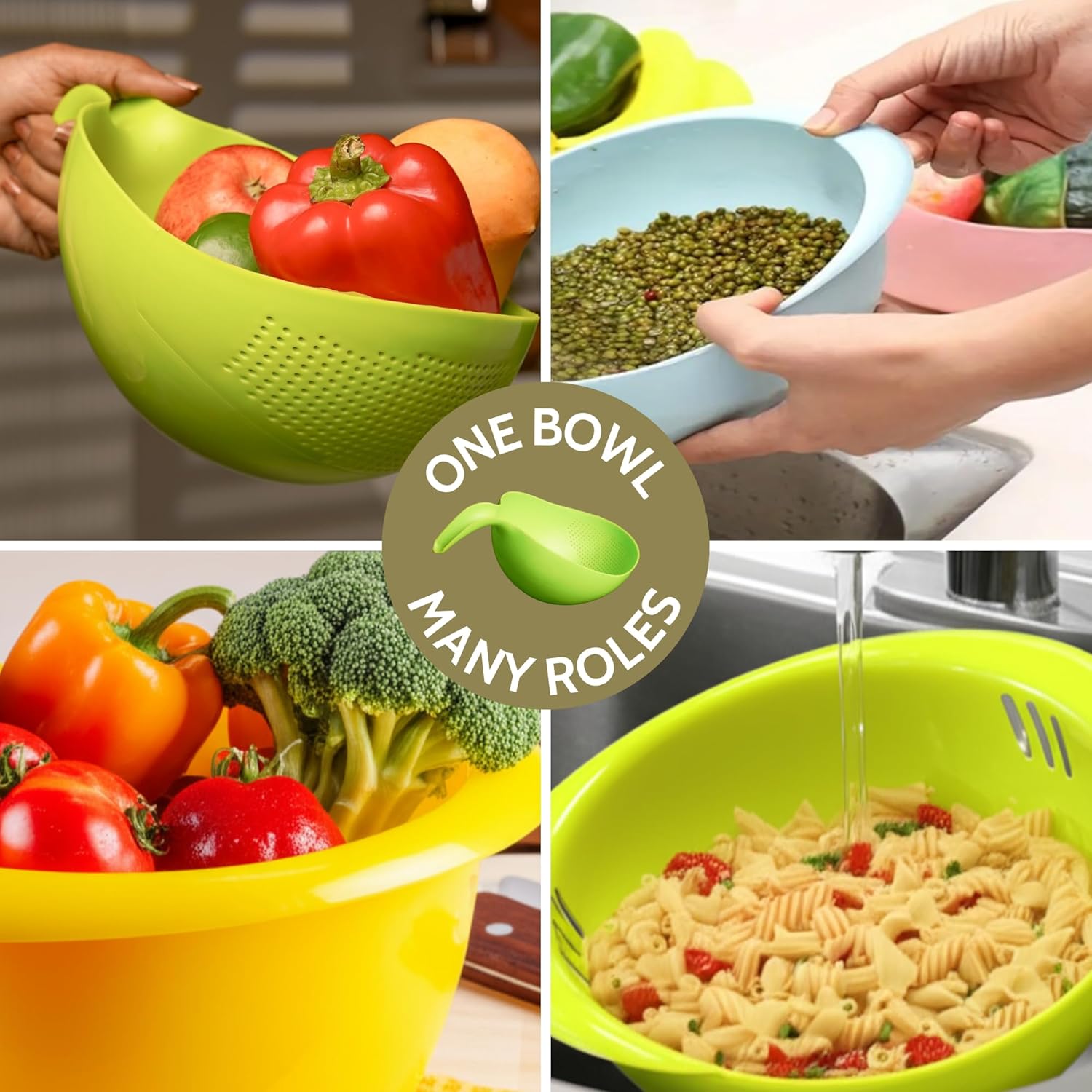 Multi-Purpose Strainer or Washer Bowl for Rice Fruits & Vegetable Rice Bowl Color May Vary, Plastic - 10.2 x 17.5 x 24.3 Centimeters