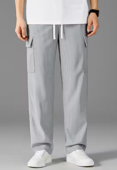 Men's Light Grey Ribbed Cargo Joggers | Relax Fit Stylish Pants with Side Pockets
