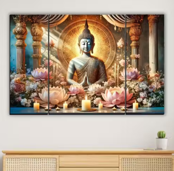 Buddha Modern Painting For Home Decor and Gifts Digital Reprint 12 inch x 18 inch Painting (Without Frame, Pack of 3)