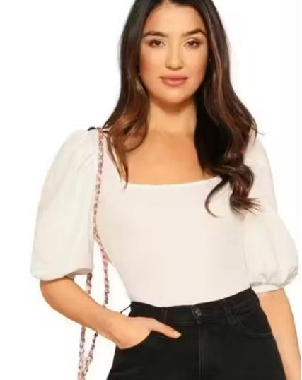 Bishop Sleeves Square Neck Polyester Blend Casual White Top