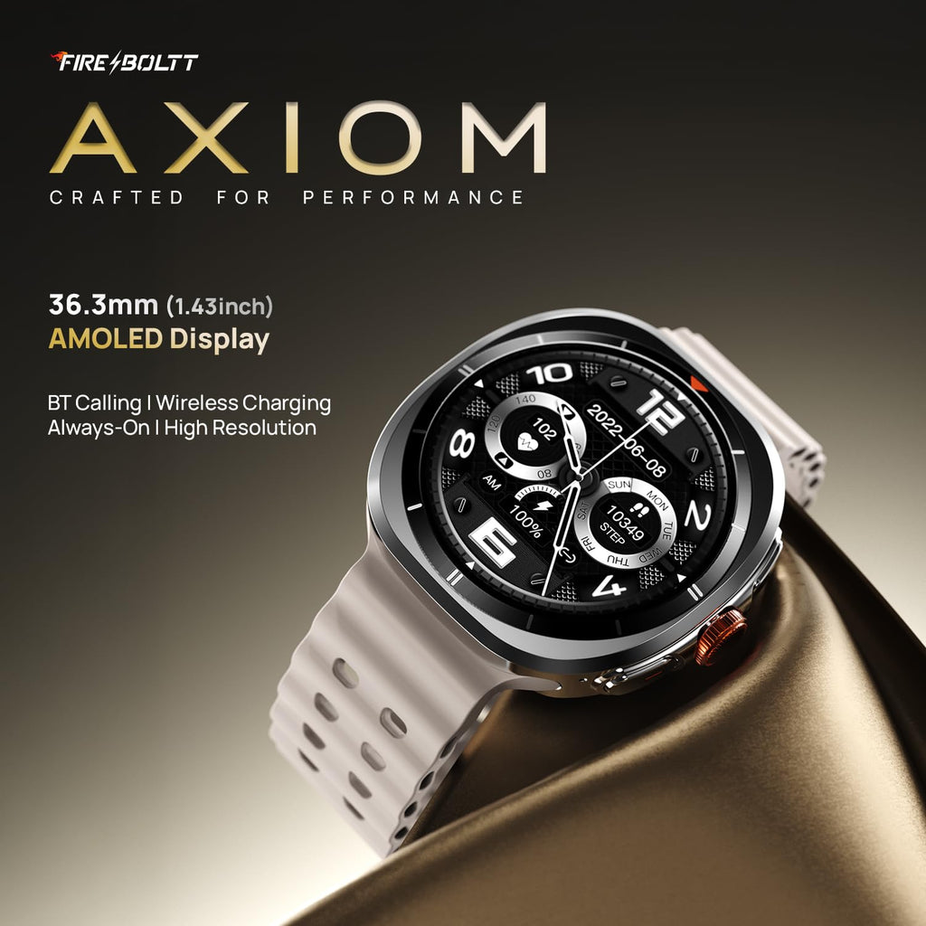 Fire-Boltt Axiom Smart Watch 1.43" AMOLED Display, Health & Fitness Tracking, Always-On Screen, Wireless Charging, Rotating Crown, Bluetooth Calling, Metal Case Watch for Man & Woman - Silver White