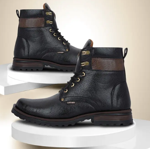 Black Synthetic Leather Boots for Men