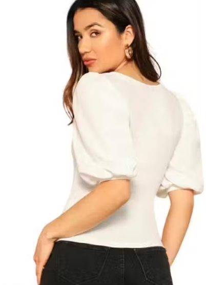 Bishop Sleeves Square Neck Polyester Blend Casual White Top