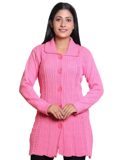 Women Woven Collared Neck PINK Sweater