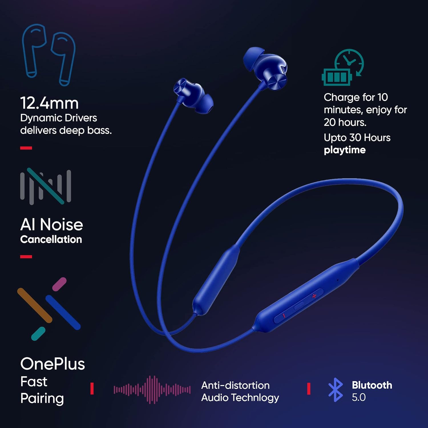 OnePlus Bullets Bluetooth Wireless in Ear Z2 Earphones with Mic, Bombastic Bass, 12.4 mm Drivers, 10 Mins Charge, 20 Hrs Music, 30 Hrs Battery Life, IP55 Dust & Water Resistant (Beam Blue)