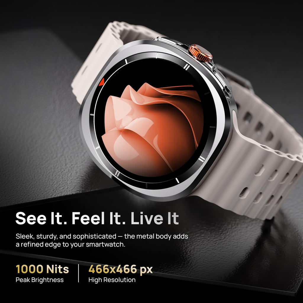 Fire-Boltt Axiom Smart Watch 1.43" AMOLED Display, Health & Fitness Tracking, Always-On Screen, Wireless Charging, Rotating Crown, Bluetooth Calling, Metal Case Watch for Man & Woman - Silver White