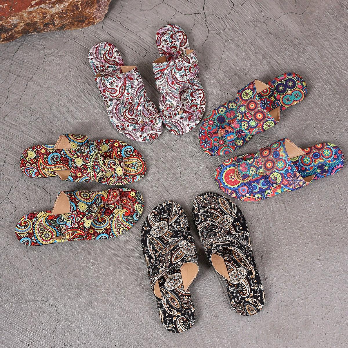 Women's Bohemian Flat Sandals, Colorful Patterned Summer Fashion Slip-On Slides, Casual Open Toe Beach Footwear