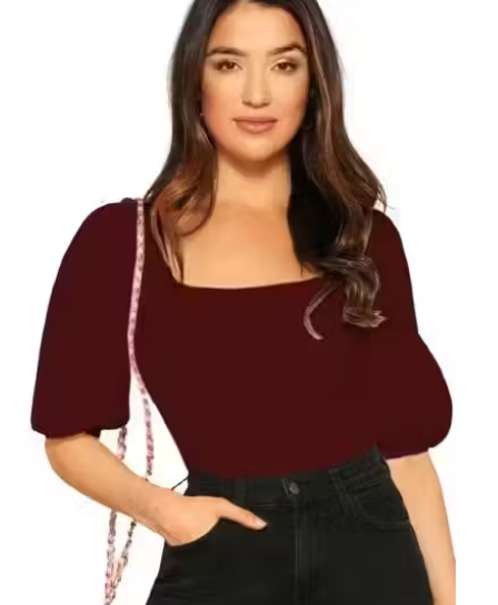 Bishop Sleeves Square Neck Polyester Blend Casual Maroon Top