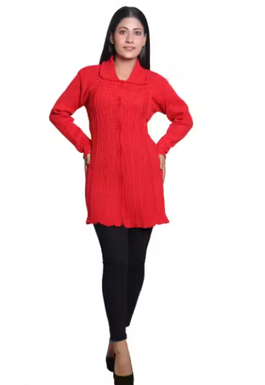 Women Woven Collared Neck RED Sweater