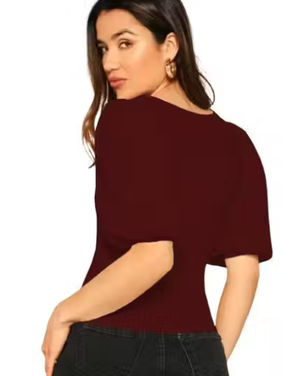 Bishop Sleeves Square Neck Polyester Blend Casual Maroon Top