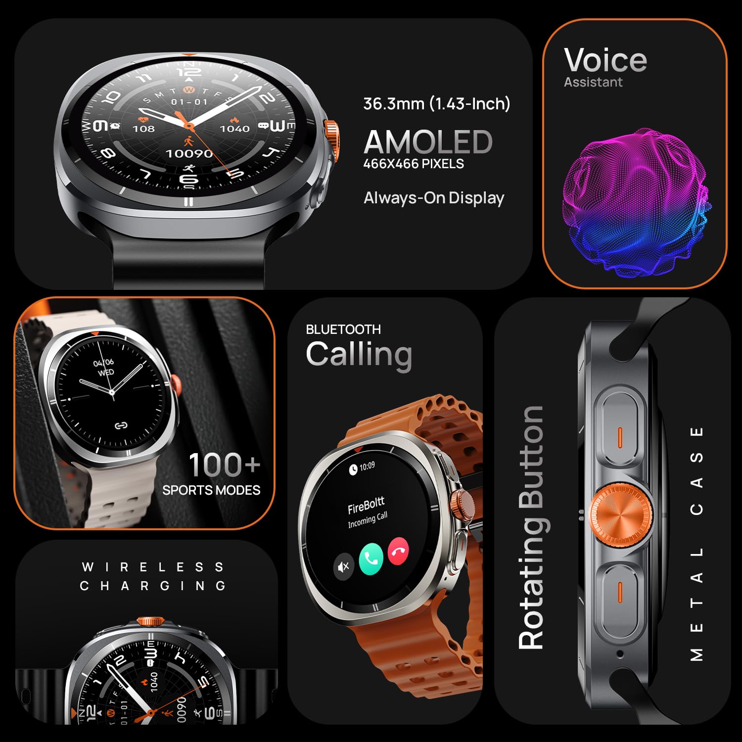 Fire-Boltt Axiom Smart Watch – 1.43" AMOLED Display, Health & Fitness Tracking, Always-On Screen, Wireless Charging, Rotating Crown, Bluetooth Calling, Metal Case Smart Watch for Man & Woman- Black