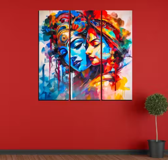 Radha Krishna Painting Wall Decorative For Home Digital Reprint 18 inch x 18 inch Painting (Without Frame, Pack of 3)