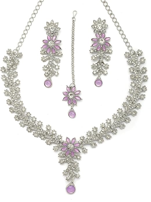 AD Diamonds Studded Floral Choker Necklace with Danlge Earrings Maangtikka Jewellery Set for Women & Girls