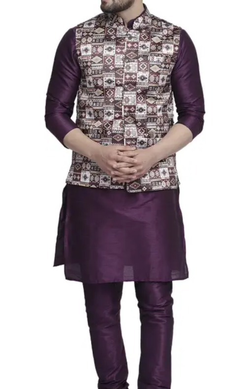 Men Pure Silk Kurta Pyjama Ethnic Jacket Set Complete