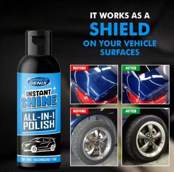 Shine Genix Instant Shine All-in-1 Polish for Car, Bike, Dashboard & Tyres – 200ml| car polish | car dashboard polish | mirror polish | polish | best car polish | liquid car polish | scratch remover car polish | car polish for shine
